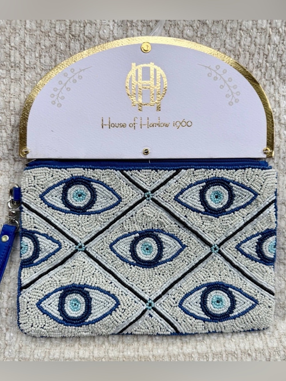 NWT House of Harlow 1960 Beaded Eye Motif Wristlet in Blue & White